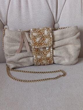 Banana Republic Embellished Beige Shimmer Clutch with Gold Chain